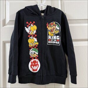 Super Mario Bowser Zip Hoodie Boys Black Graphic Gamer Nintendo Sweatshirt Sz 7